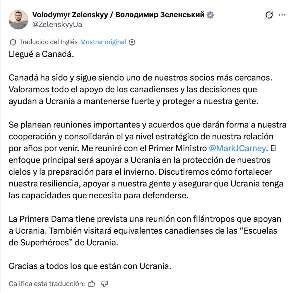 Volodímir Zelenski pide a Canadá reforzar la protección aérea de Ucrania