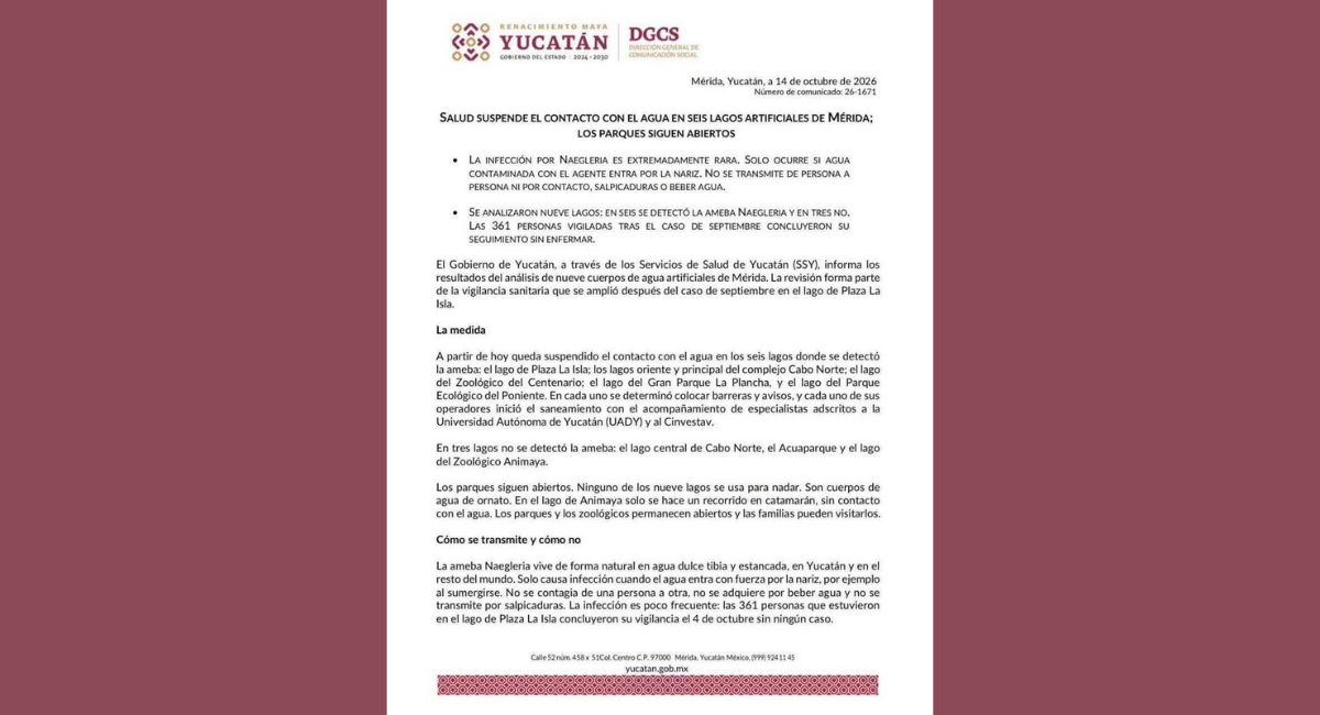 ¡Alerta en Mérida! Clausuran seis lagos artificiales por contaminación de ameba 'comecerebros'