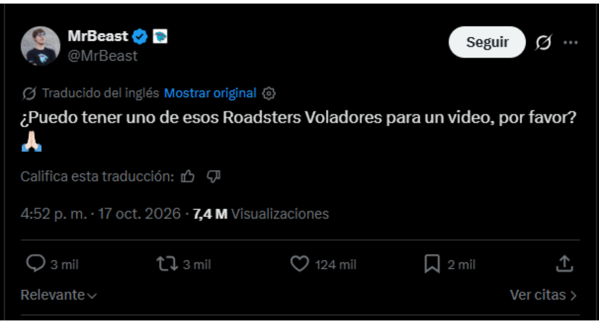 ¿Un Tesla Roadster volador? El pedido de MrBeast a Elon Musk que costaría miles de millones