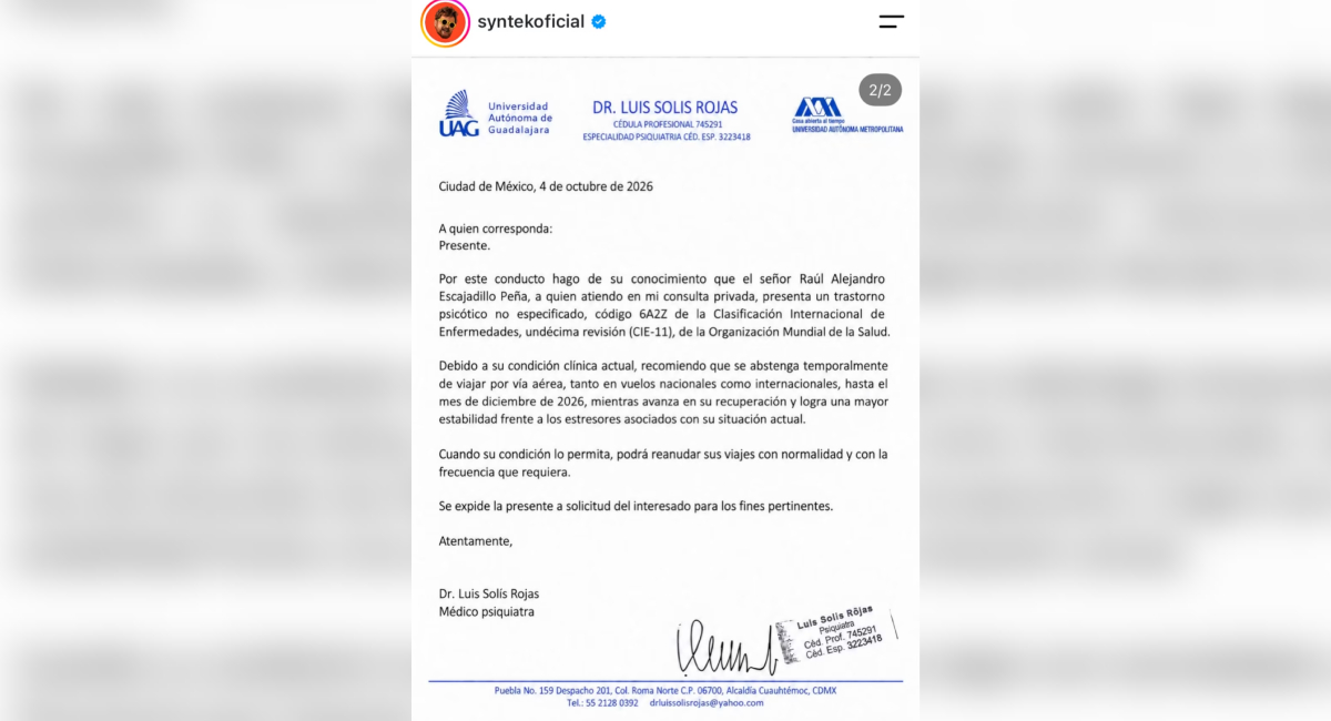 Aleks Syntek comparte nota de su psiquiatra