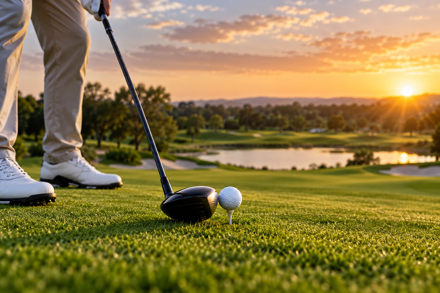 Golf al atardecer junto al lago