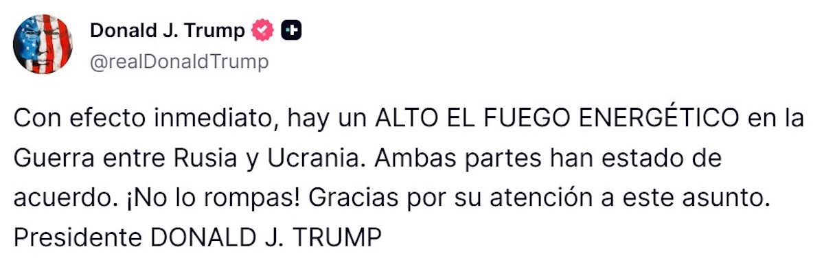 Trump anunció una tregua energética entre Rusia y Ucrania