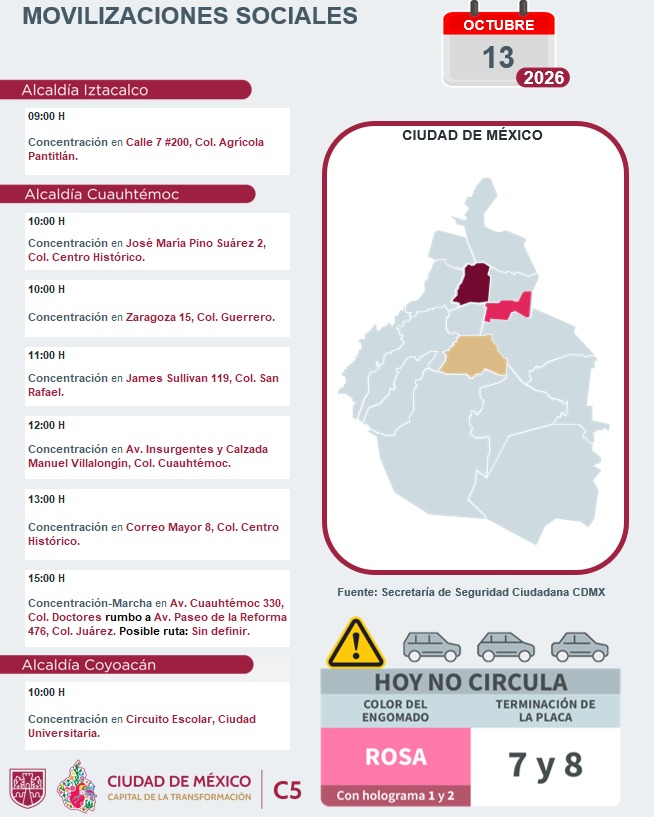 Alcaldías afectadas por concentraciones en CDMX hoy 13 de octubre