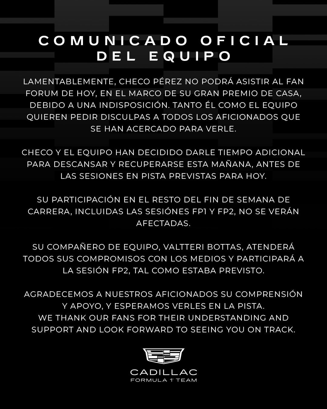 Cadillac confirma que Checo Pérez seguirá en el GP de México