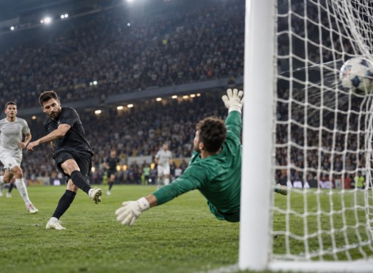 Jugador marcando un gol mientras el portero no logra detener el balón