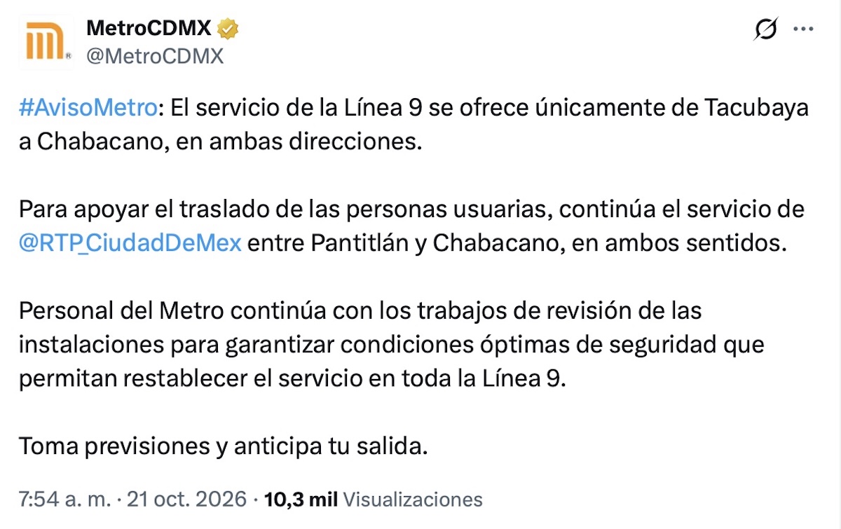 Suspenden servicio en la Línea 9 del Metro CDMX