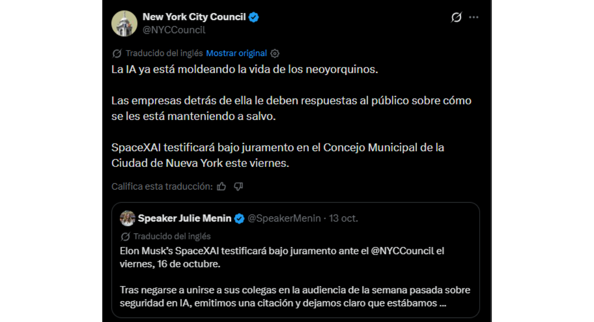 SpaceX comparecerá ante el Concejo de Nueva York para aclarar la seguridad de sus IA