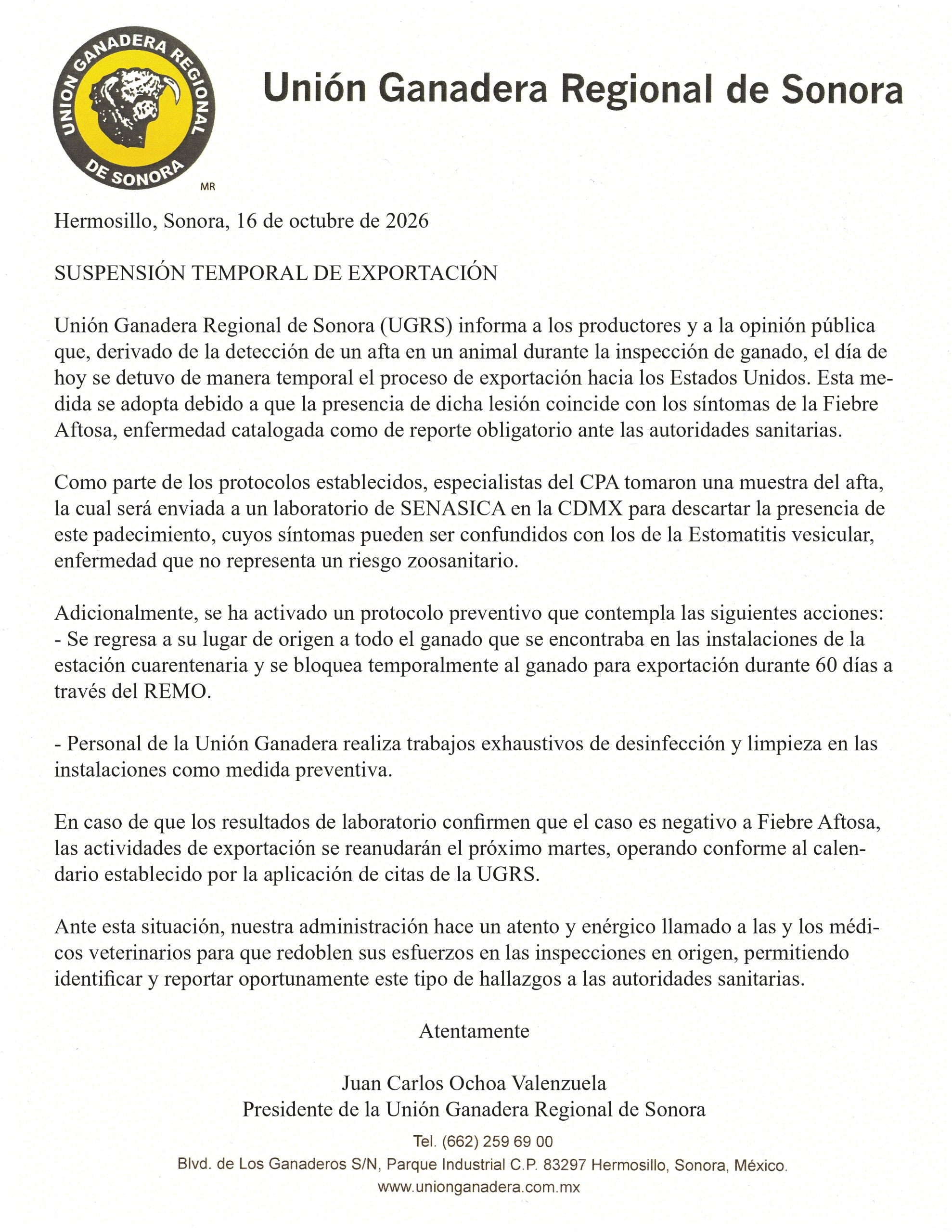 Suspenden temporalmente la exportación de ganado de Sonora a EU por sospecha de fiebre aftosa