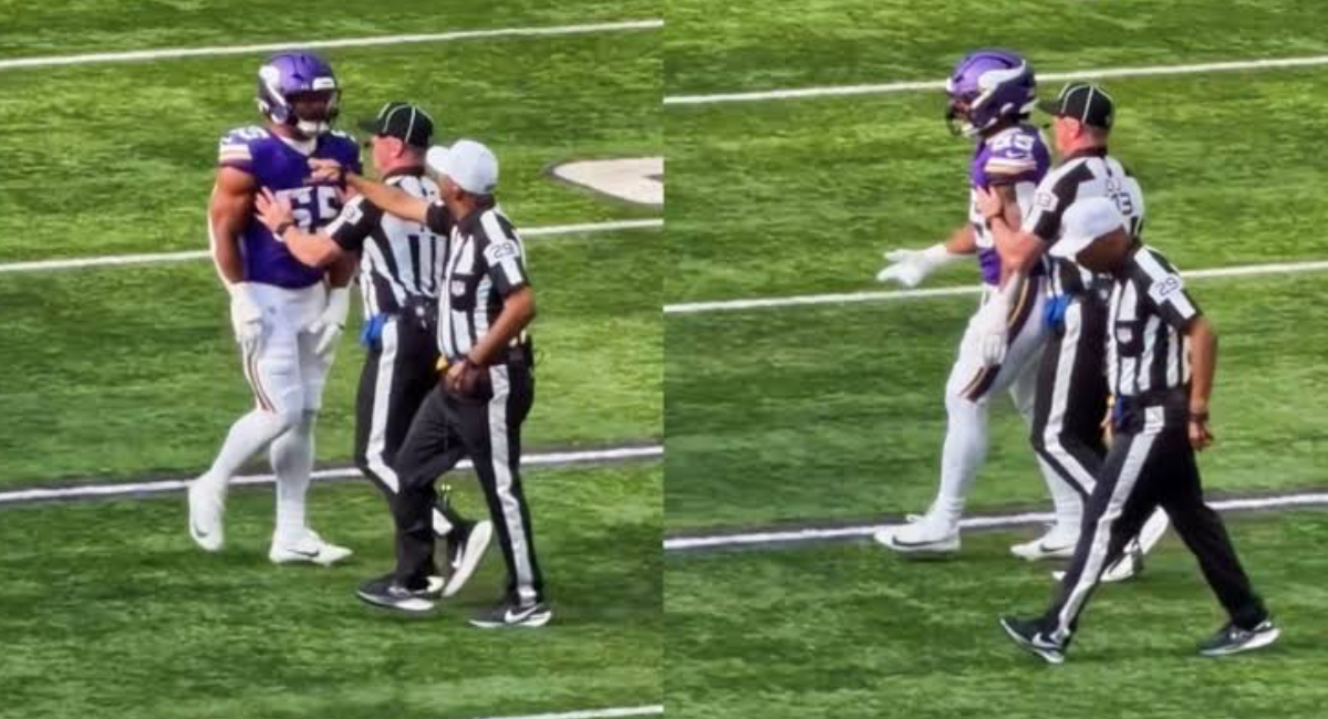 Tras caer por colisión accidental en partido Vikings vs Dolphins, el árbitro Adrian Hill arremete contra Eric Wilson