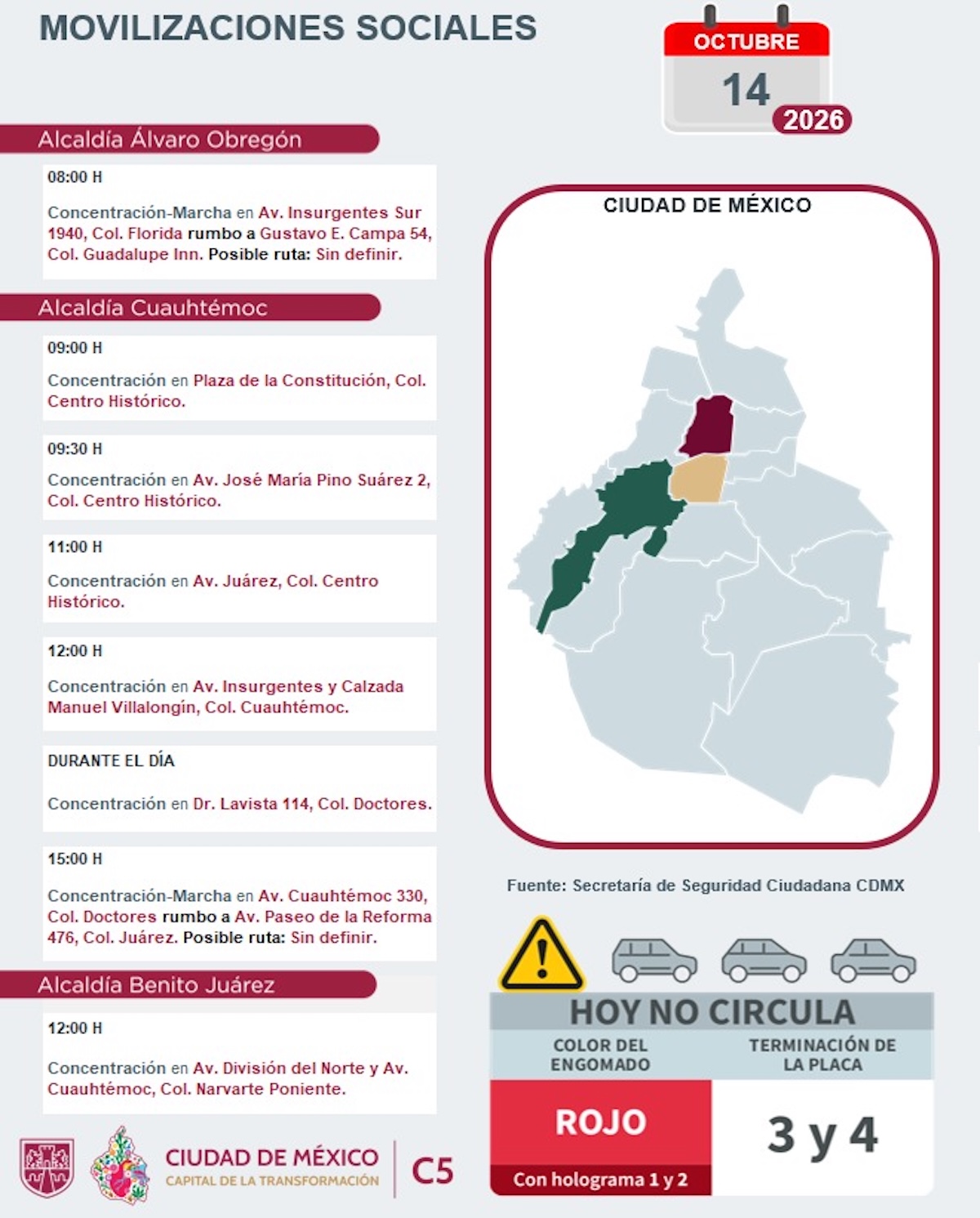 Alcaldías afectadas por concentraciones en CDMX hoy 14 de octubre