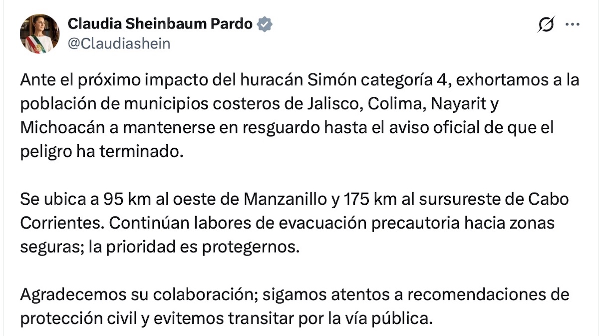 Sheinbaum exhortó a la población costera de Jalisco, Colima, Nayarit y Michoacán a no salir.