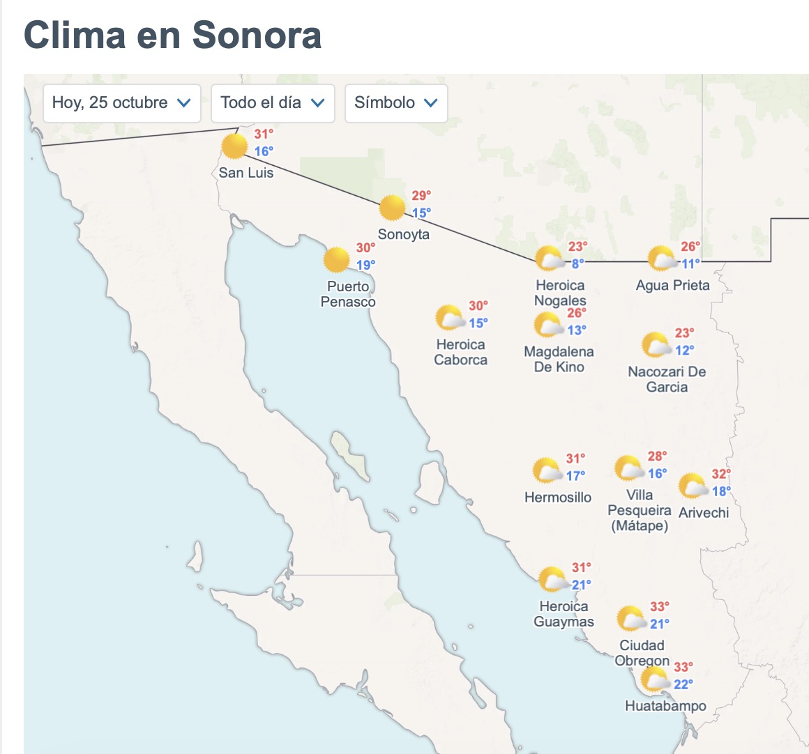 Clima en Sonora HOY: Temperaturas máximas del 25 de octubre. Foto: Meteored.mx