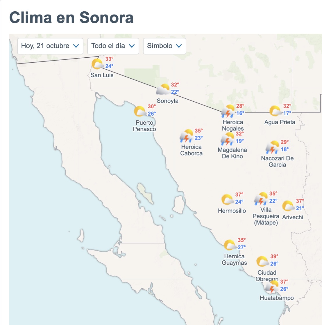 Sonora tendrá calor de hasta 39°C y posibles tormentas este miércoles. Foto: Meteored.mx