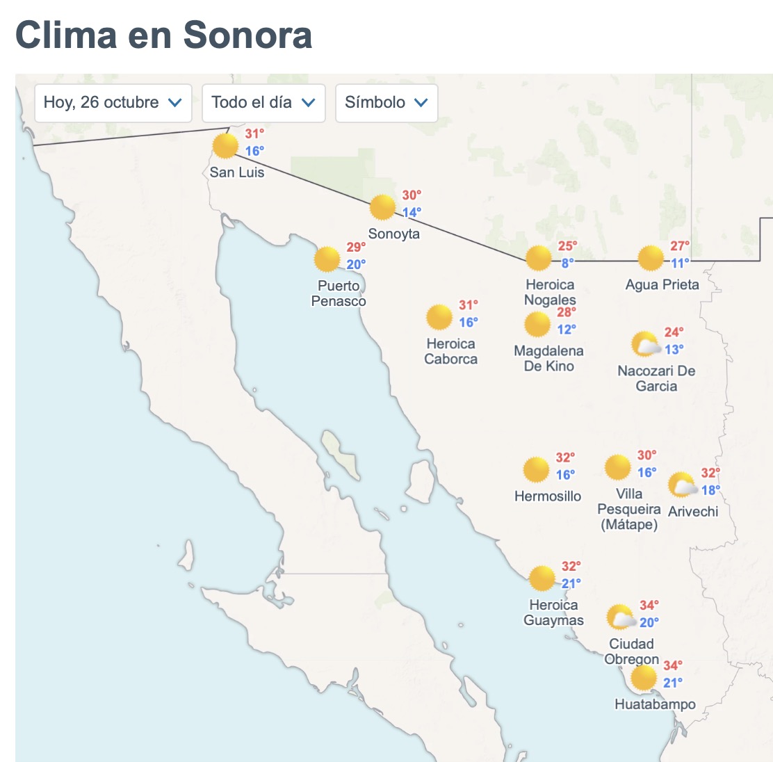 Sonora: Temperaturas por municipio este lunes 26 de octubre