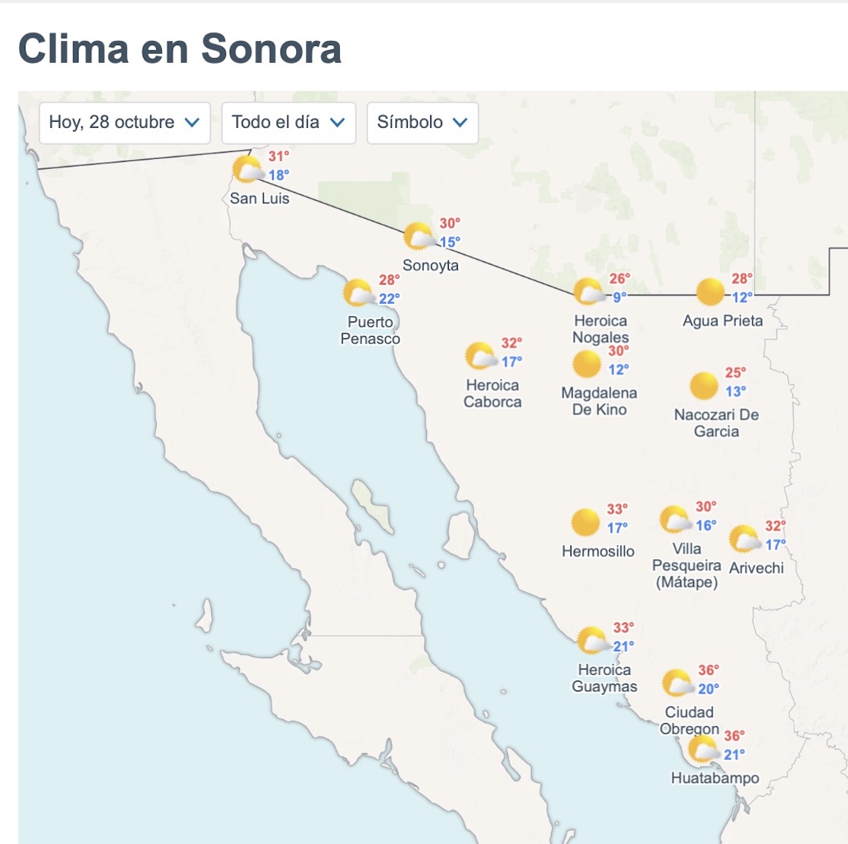 Pronóstico del clima en Sonora para el 28 de octubre