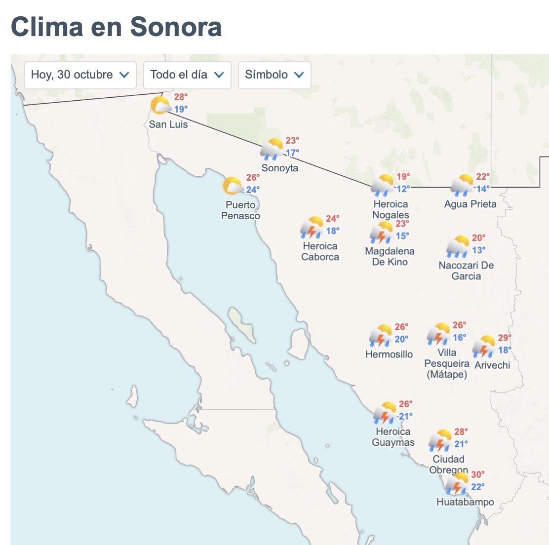 Clima de HOY 30 de octubre: Así estará Sonora. Foto: Meteored.mx
