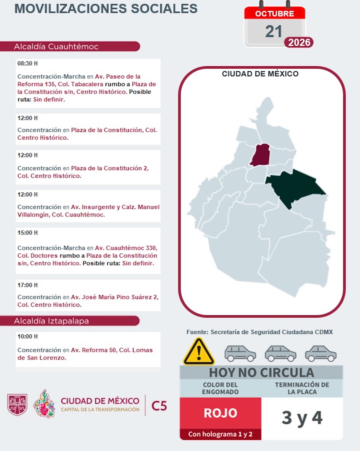 Alcaldías afectadas por concentraciones en CDMX hoy 21 de octubre