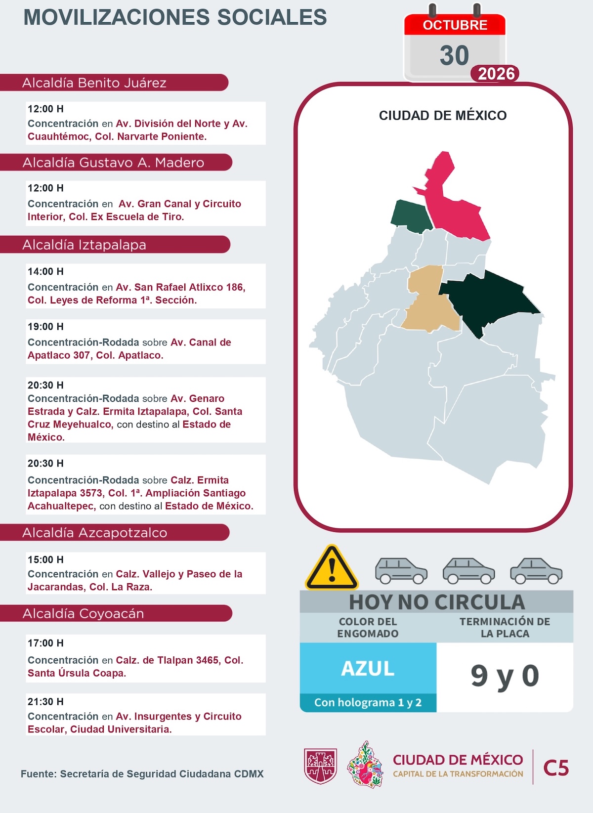 Caos vial en CDMX: Movilizaciones y rodadas del 30 de octubre