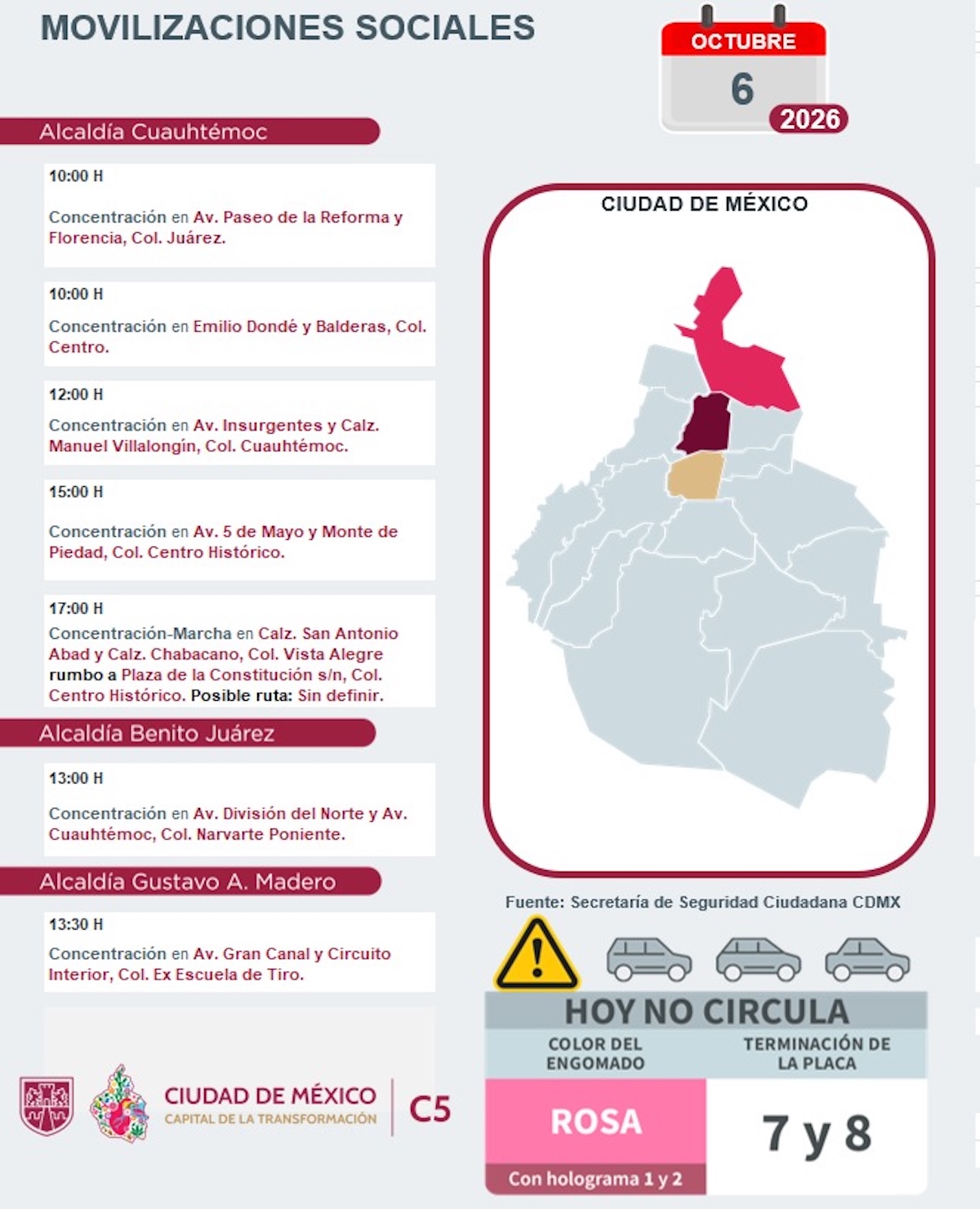 Marchas y bloqueos HOY en CDMX: vialidades afectadas este martes 6 de octubre