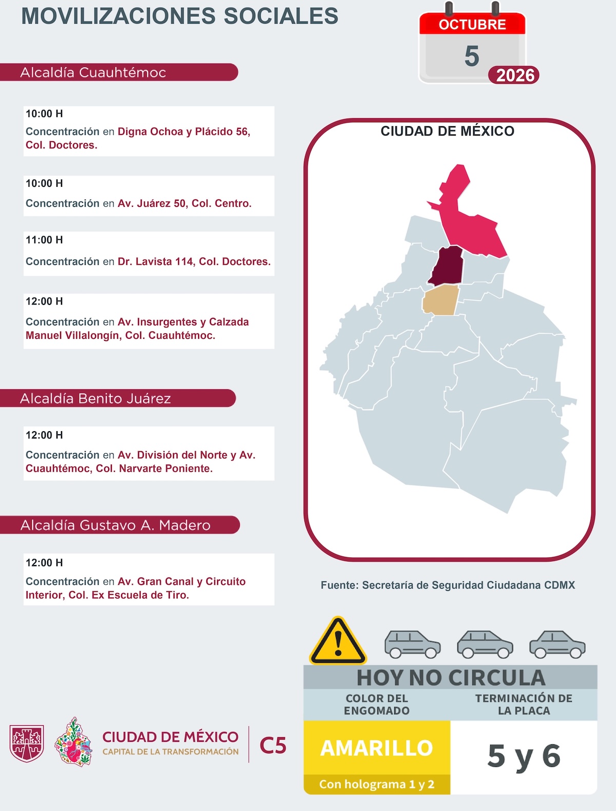 El C5 de la SSC informa sobre movilizaciones y bloqueos hoy