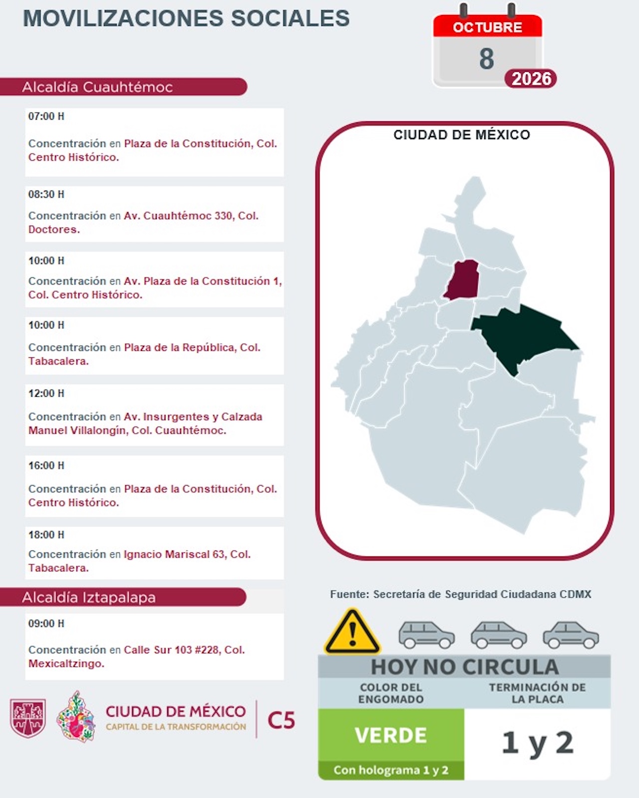 Marchas y bloqueos HOY en CDMX: vialidades afectadas este jueves 8 de octubre. Foto: C5