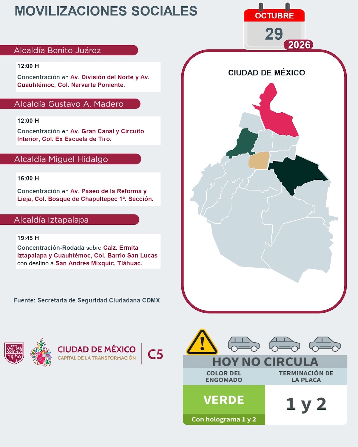 Caos vial en CDMX: Movilizaciones y rodadas del 29 de octubre