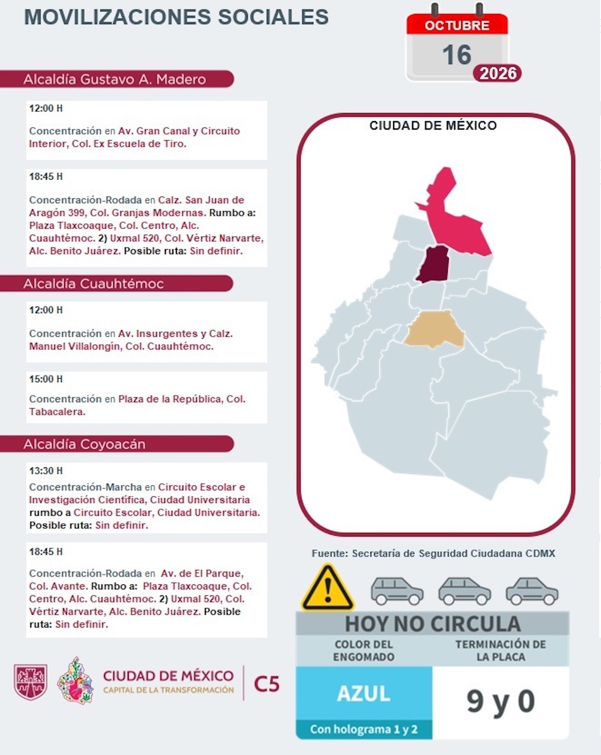 Alcaldías afectadas por concentraciones en CDMX hoy 16 de octubre