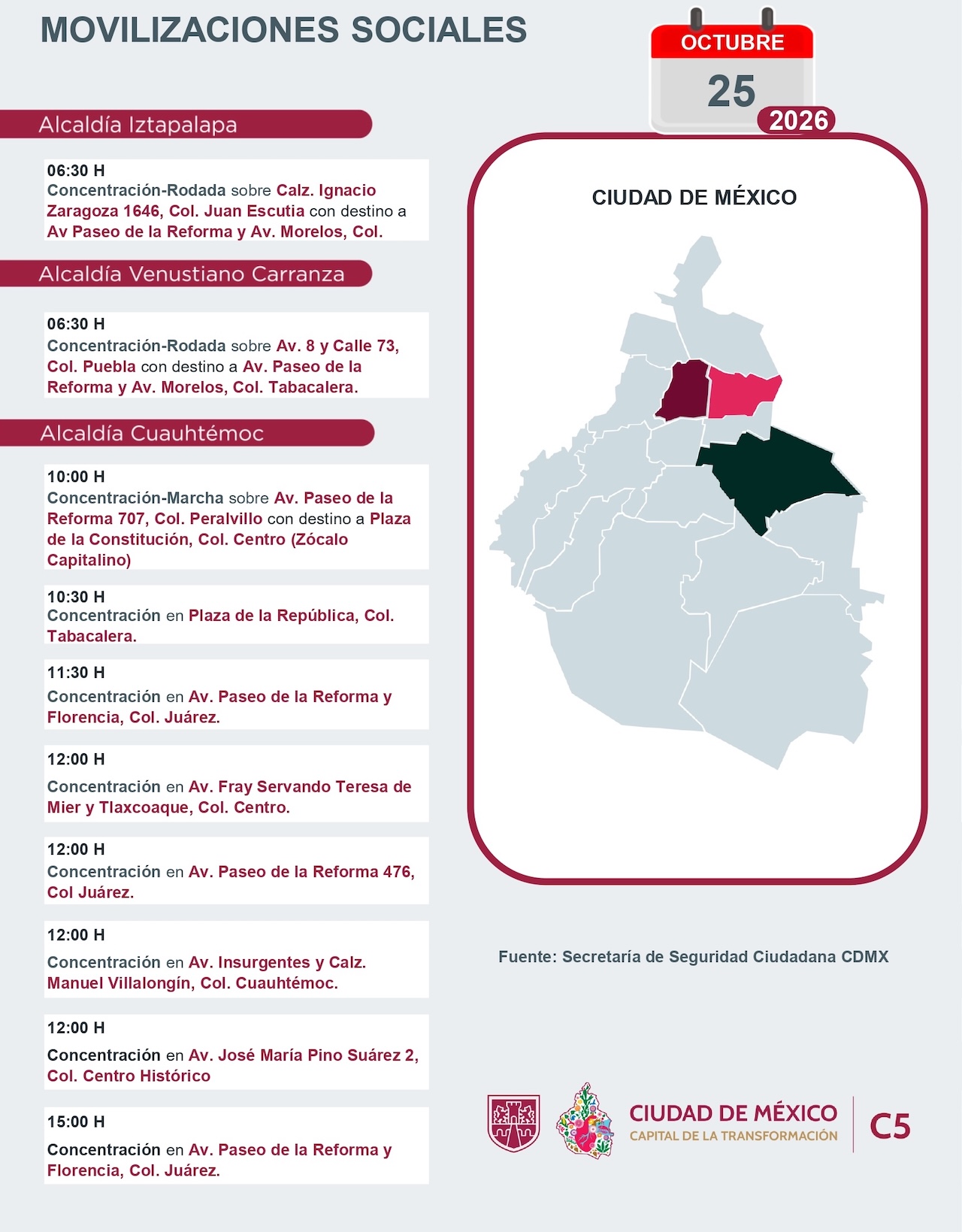 Consulta las marchas, rodadas y bloqueos viales programados para este domingo 25 de octubre de 2026 en la CDMX