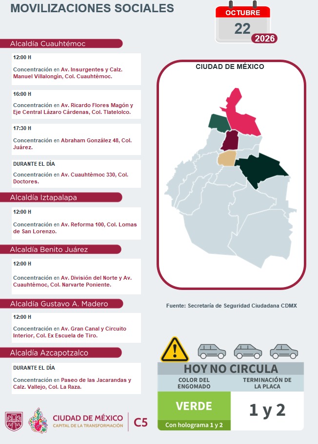 Alcaldías afectadas por concentraciones en CDMX hoy 22 de octubre