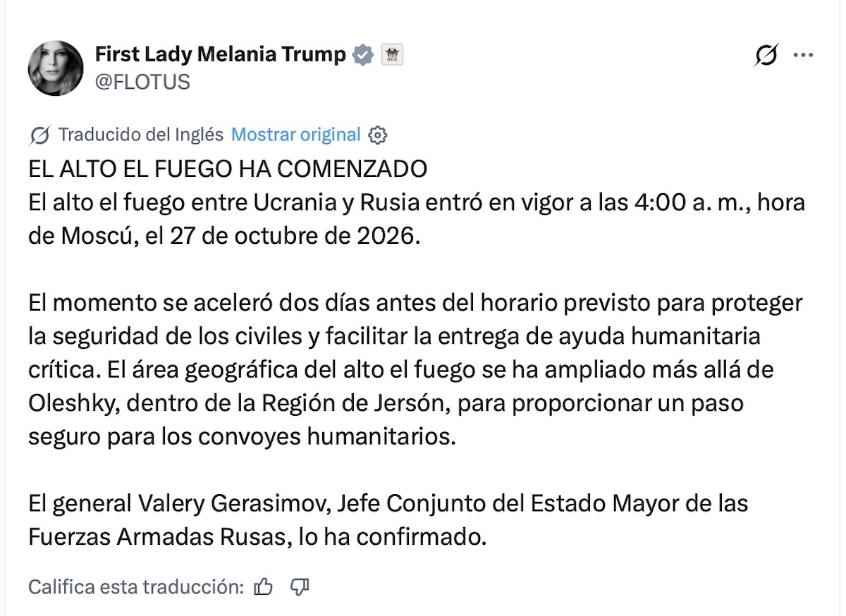 Melania Trump anuncia tregua entre Rusia y Ucrania