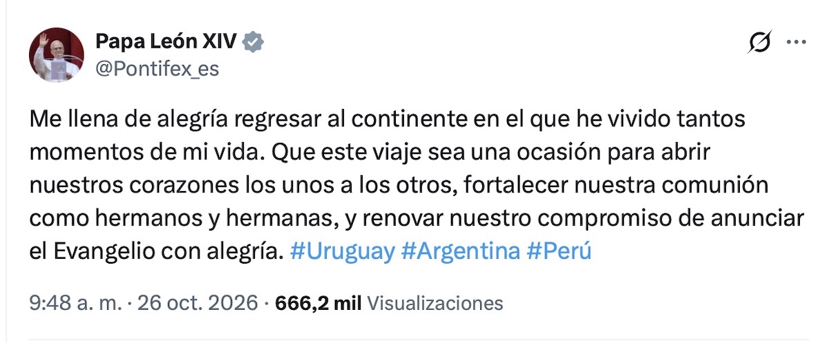 León XIV viajará a Perú, Argentina y Uruguay