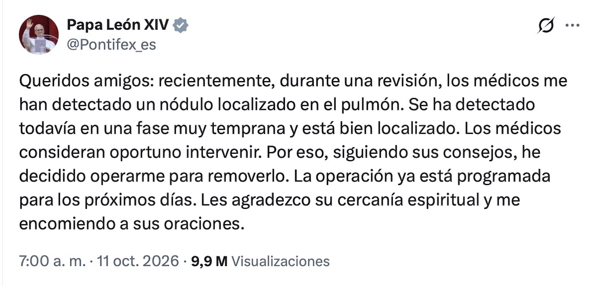 León XIV será operado: qué se sabe del nódulo pulmonar