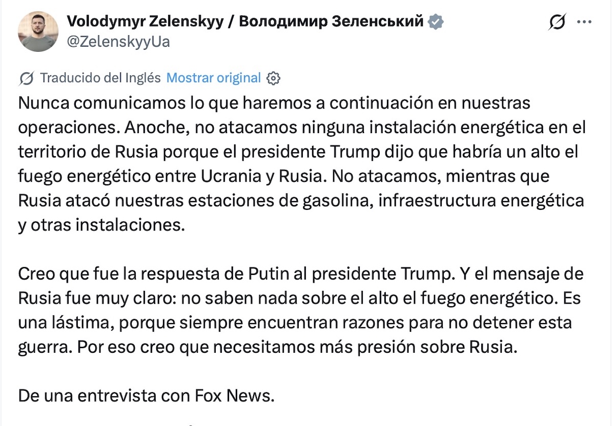 Zelenski acusa a Rusia de romper el alto el fuego energético