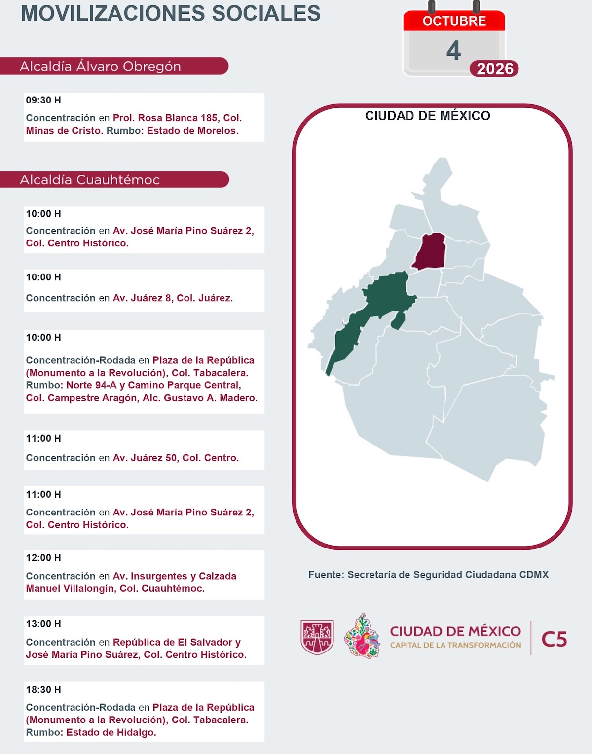 Tráfico en CDMX 4 de octubre: reporte de marchas, rodadas y concentracione