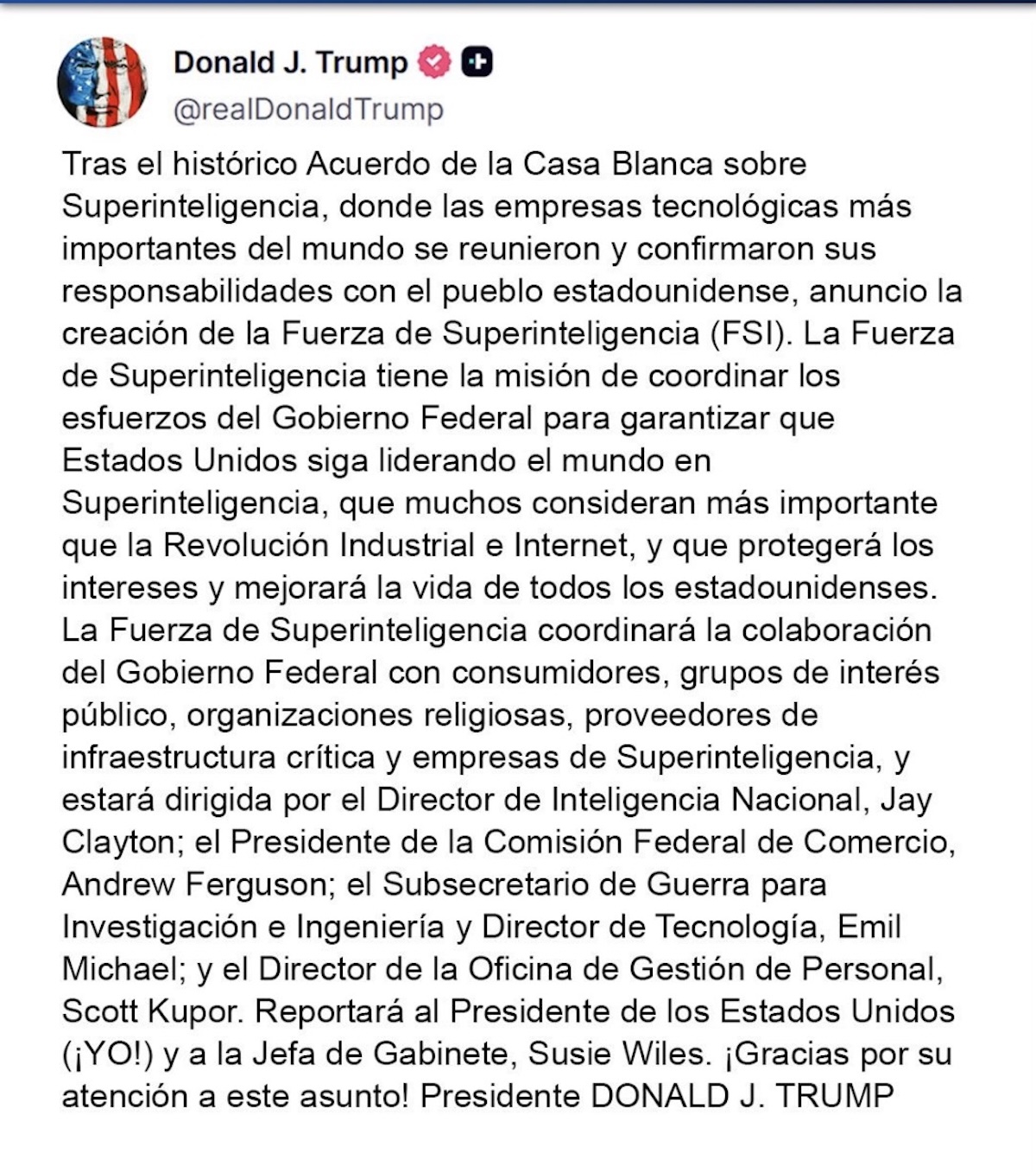Donald Trump anunció la creación de la Fuerza de Superinteligencia, encabezada por Jay Clayton